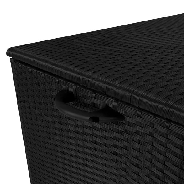 Black rattan cushion storage box with a textured woven design, featuring a sturdy handle for easy lifting and access