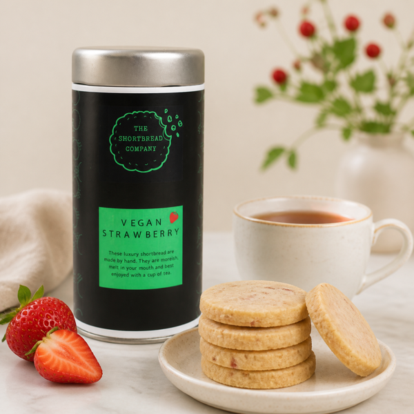 The Shortbread Company luxury Vegan Strawberry Shortbread tube tin styled with tea on a clean neutral background.