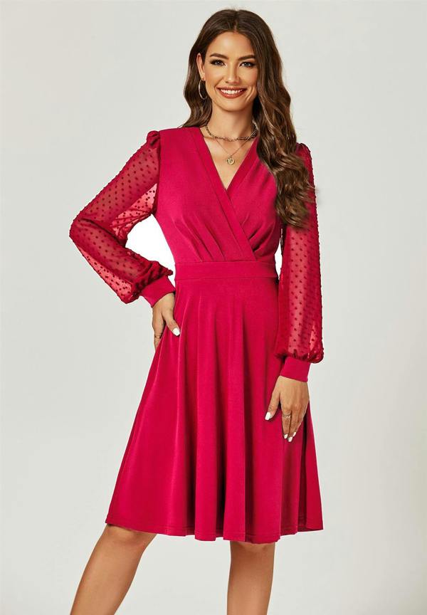 FS Collection Long Chiffon Sleeve Pleated Midi Dress In Wine