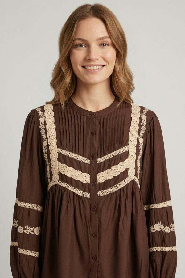 Brown | Lace Trim Long Sleeve Pleated Blouse
