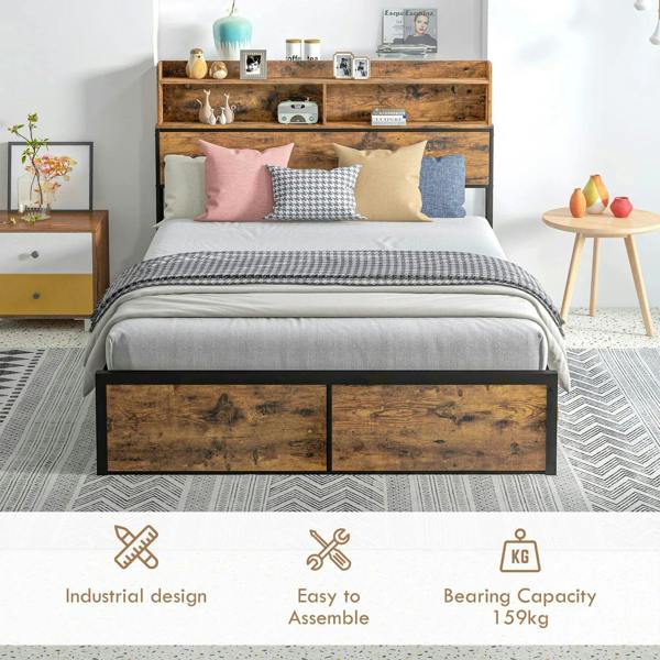Industrial double bed frame with rustic brown drawer panels, steel legs, and slatted support
