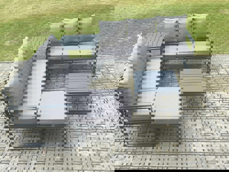 Fimous 7-Seater Aluminium Outdoor Sofa Set | 6 Pieces, Square Coffee Table, Large Footstool, 2 Side Tables | Dark Grey