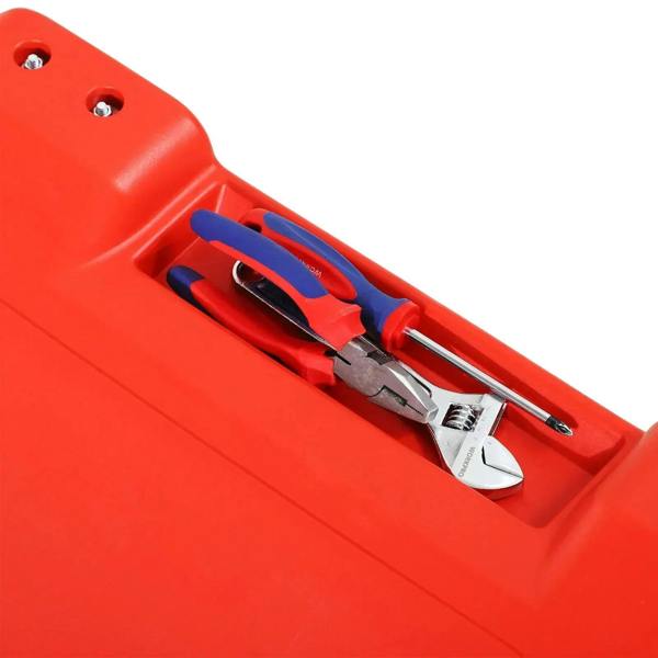 Red tool tray on mechanic creeper with wrench and tool set detail