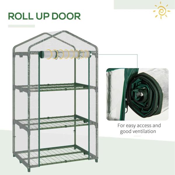 Portable mini greenhouse featuring a roll-up door for easy access and ventilation