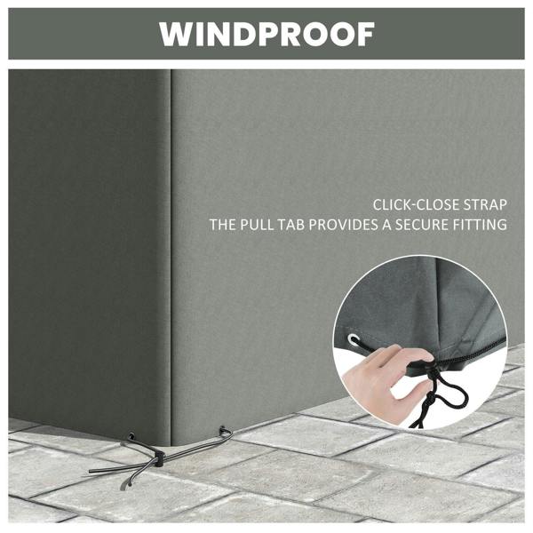 Dark gray sofa cover with windproof strap and pull-tab attachment at the base.