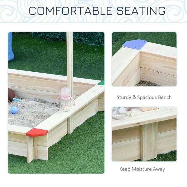 Kids wooden sand pit with blue canopy and sturdy side bench for outdoor play