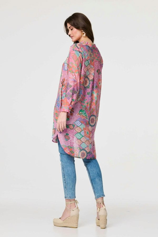 Pink | Printed Semi Sheer Longline Blouse
