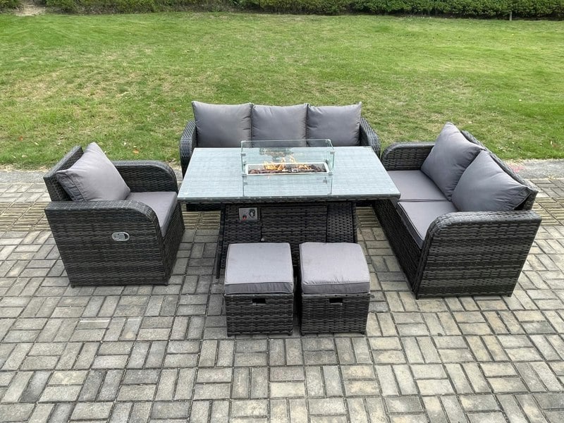 Fimous Wicker Rattan Garden Furniture Set with Fire Pit Table 8 Seater Outdoor Lounge Sofa Set Dark Grey Mixed