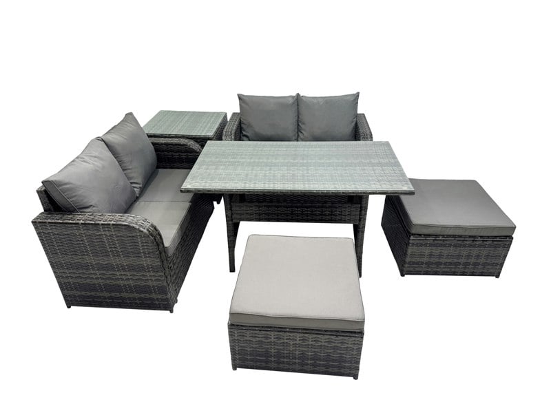 Fimous Wicker PE Rattan Garden Outdoor Furniture Set Love Sofa Dining Table Sets with Side Table 2 Big Stools Dark Grey Mixed