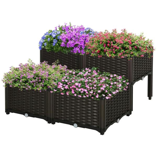 Set of 4 elevated garden planter boxes with brown woven-style sides and flowering plants