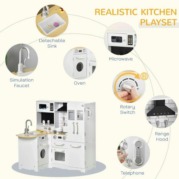 White realistic kids play kitchen with rotary switch range hood and microwave window