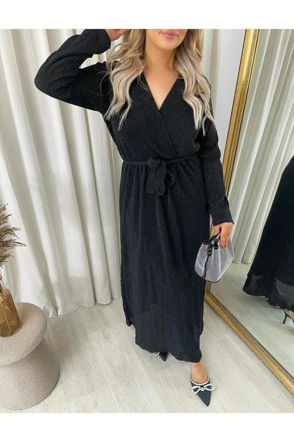 Pamela Elegant V Neck Tie Waist Glittery Maxi Dress - Black