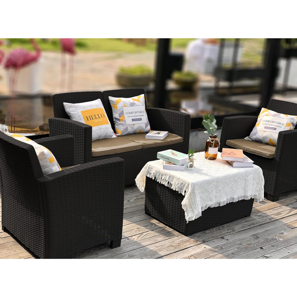 Homeology SANTANA 4 Piece PE Rattan 4-Seater with Cushions Garden Furniture and Coffee Table Set in Black