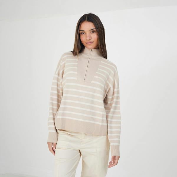 Brave Soul Stone Striped 1/2 Zip Knitted Jumper - Stone Image 1