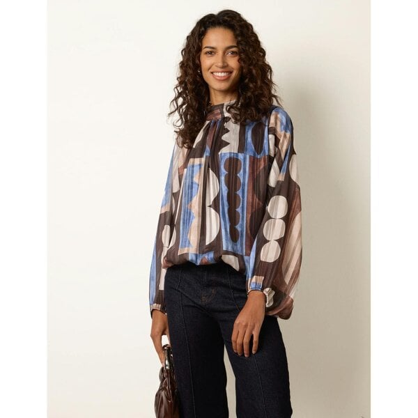 Blue Vanilla Geometric Print Scoop Neck Long Sleeve Blouse