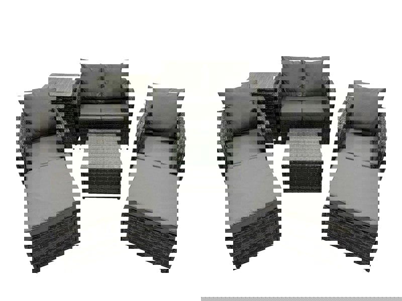 Fimous Rattan Garden Outdoor Furniture Set Love Sofa Reclining Chair Square Coffee Table Set with Side Table 2 Big Stool Dark Grey Mixed