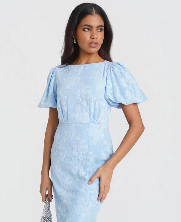 Needs No Label Blue Jacquard Shimmer Puff Sleeve Midi Dress