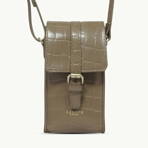 Assots London 'PETRA' Khaki Croc Real Leather Mobile Phone Crossbody Bag