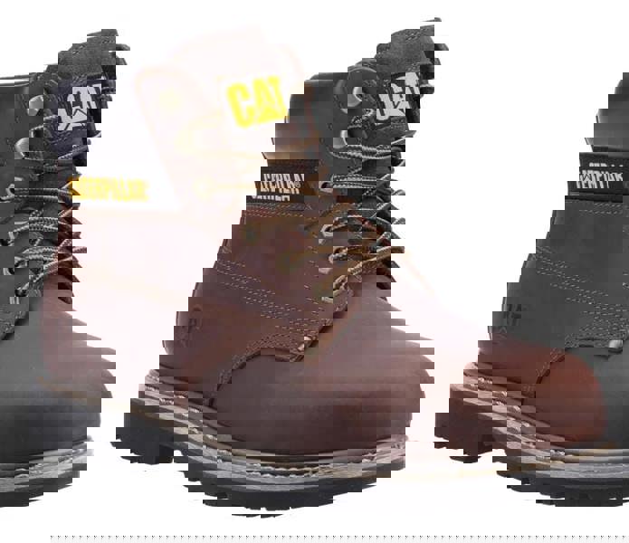 Caterpillar PowerPlant Mens SB Safety Classic Steel Toe Work Boots, sturdy brown leather footwear with steel toe protection and black padded collar.