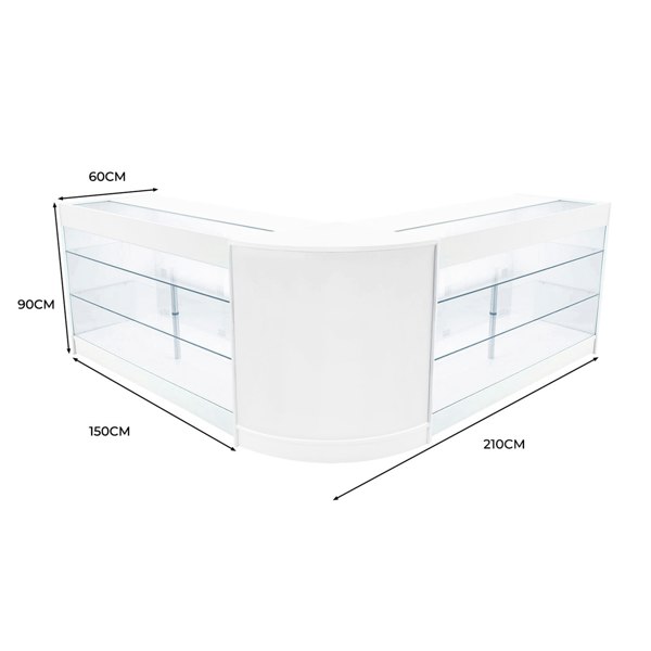 White Helios LED shop counter set with curved design, featuring glass display shelves, measuring 60cm high and 210cm wide