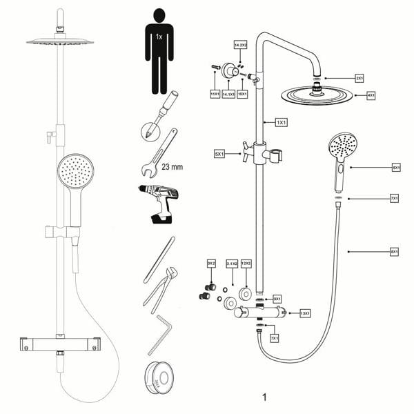 Flode Sater Round Style Thermostatic Shower Kit With Bath Filler | 3 Functions | Chrome