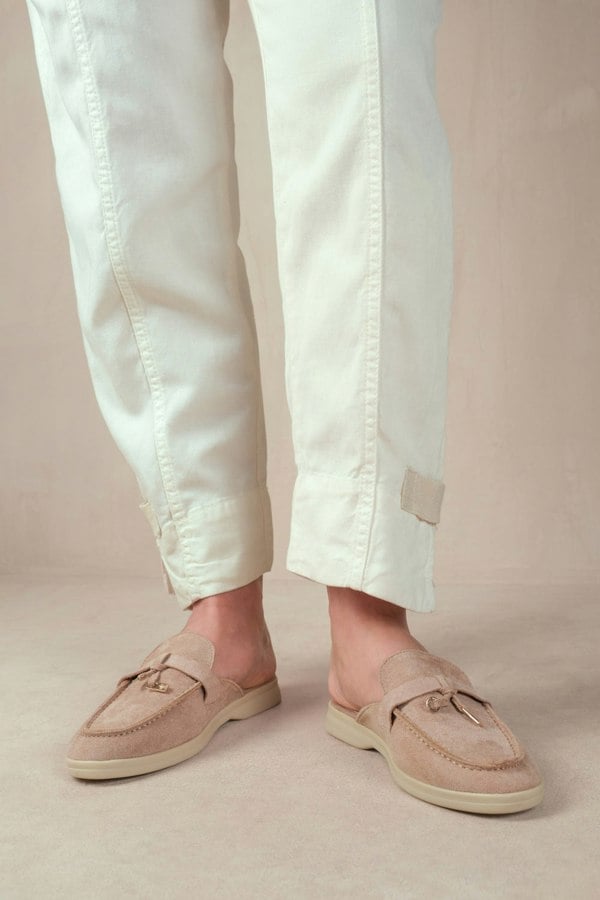 Where's That From Twilight Wide Fit Flat Slip on Loafer With Tassel Detail in Khaki Suede