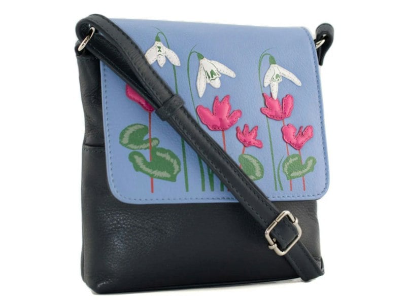 Mala Leather Snowdrop Leather Floral Small Crossbody Bag with White & Pink Appliqué Flowers