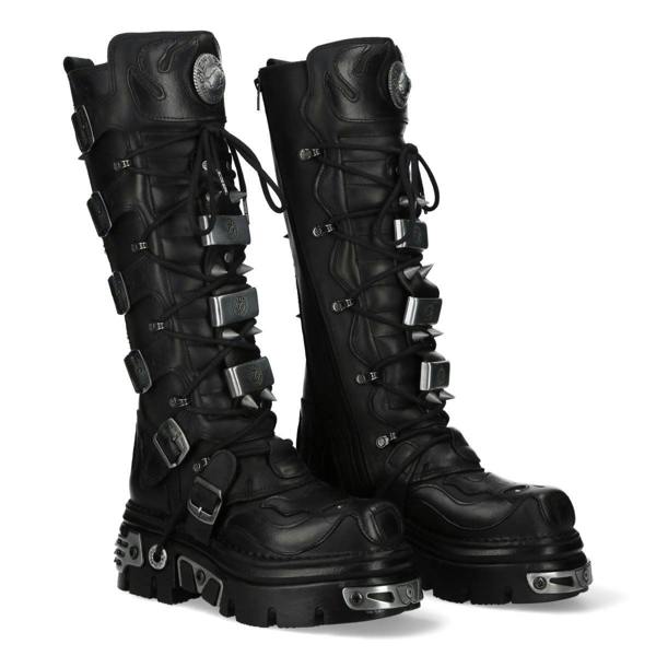 New Rock M-161-C10 Knee High Black Leather Spiked Gothic Boots