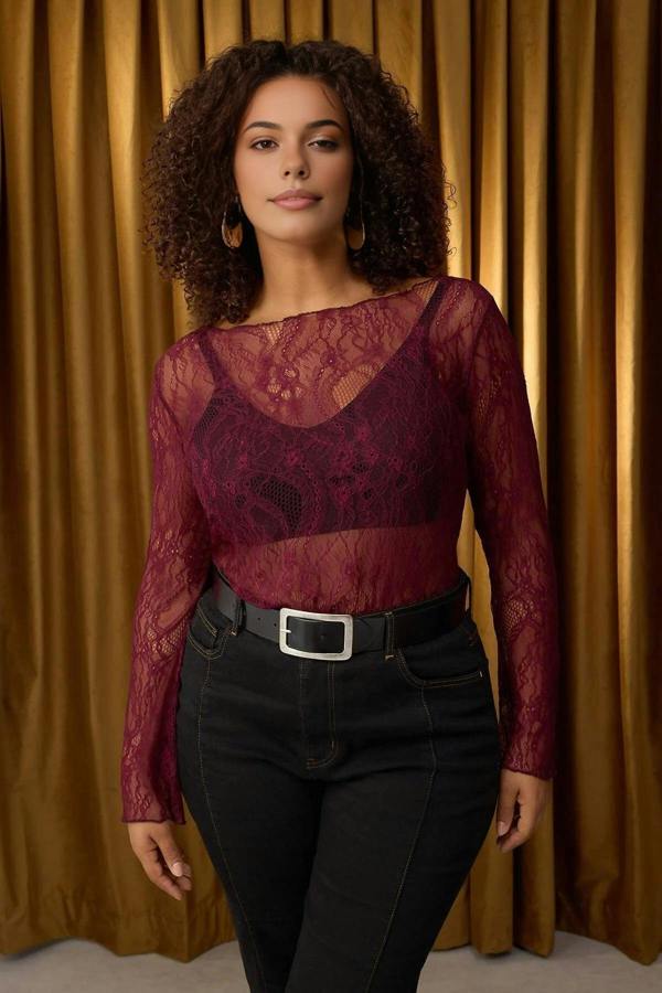 WOVCOR Regular Fit Boat Neck Lace Knit Plus Size Blouse