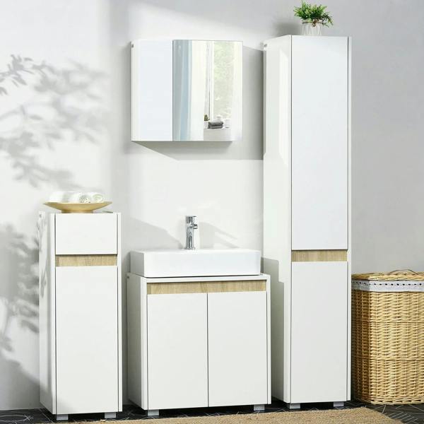 White tall bathroom storage cabinet with two closed doors and gold-trim base
