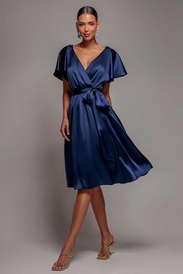 Satin Flutter Sleeve Wrap Midi Dress - Navy Blue DR3641