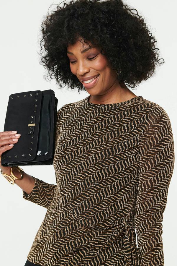 Gold | Abstract Long Sleeve Tie Waist Top