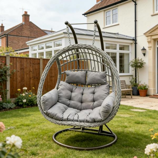 Fimous Indoor Outdoor Hammock Patio Rattan Two Seater Egg Hanging Chair Garden With Grey Thick Cushion