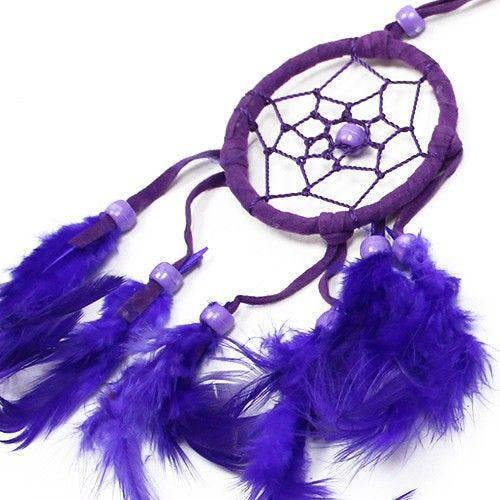 Small round dreamcatcher with purple web and purple feather fringe