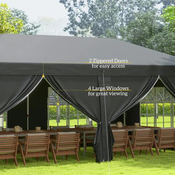 Black pop-up canopy tent with zipped door openings and large window panels