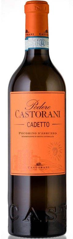 Bottle of Pedro Castorani Cadetto Pecorino wine with an orange label.