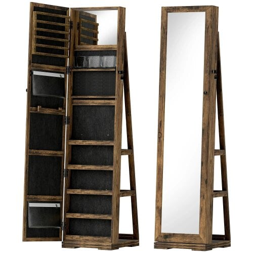 Bobobiy 360° Swivel Jewellery Cabinet, Lockable Jewellery Organiser with Built-in Makeup Mirror and Storage Shelves, Rustic Brown