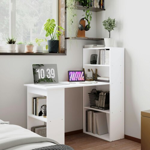 Wyld Haus Zire 120cm Wooden White Study Desk With 6 Tier Bookshelf Storage
