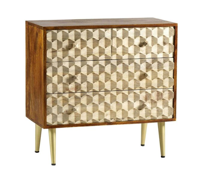 Wyld Haus Beijing Mango Wood Chest with 4 Drawers Gold Geometric Pattern