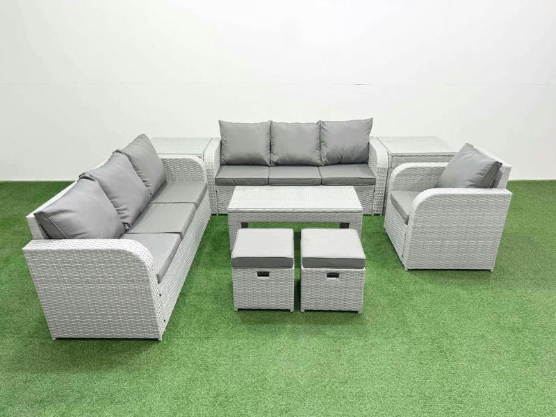 Fimous 9 Seater Outdoor Furniture Set, Poly Rattan Garden, Coffee Table, 3 Seater Sofas, Reclining Chair, Stools & 2 Side Tables, Light Grey