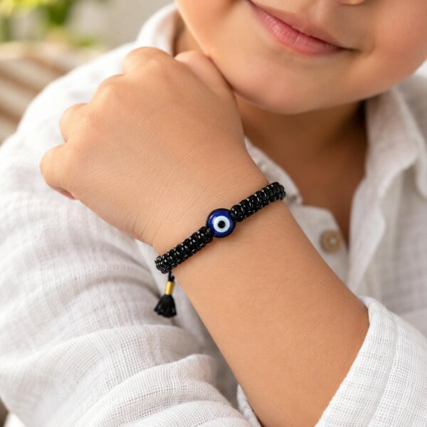The Colourful Aura Adjustable Black Pearl Evil Eye Nazaria Bracelet for Kids