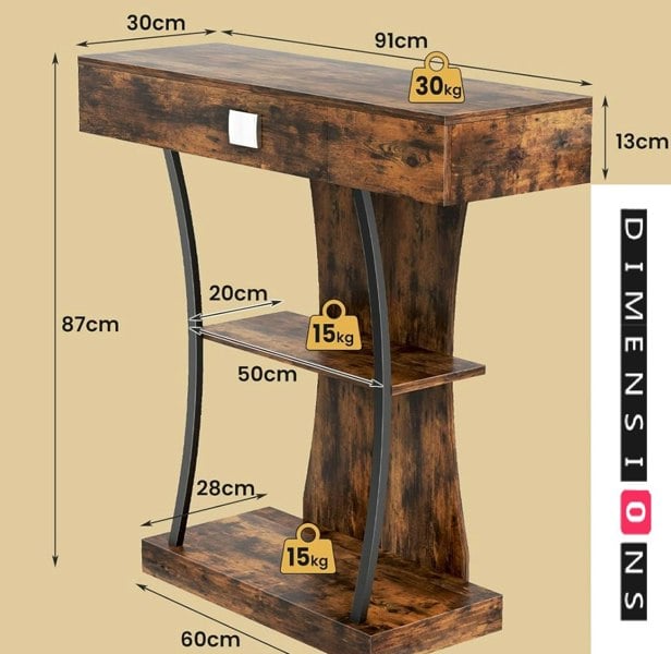 Modcraft Rustic Wooden T-Shaped Console Table with Drawer