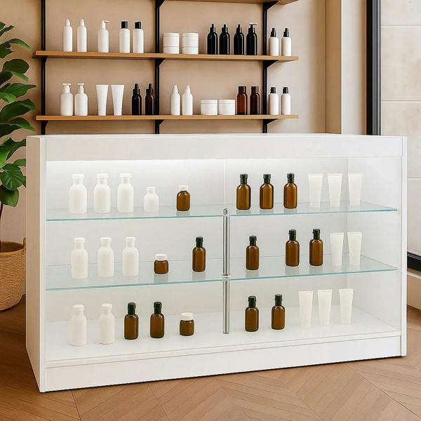 LED retail shop counter K1500 in white with glass shelves displaying various brown and white bottles against a modern backdrop