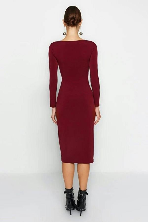 WOVCOR Asymmetrical Neck Long Sleeve Midi Knit Pencil Dress with Slit Detail