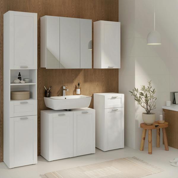 Furniture To Go Lokko Tall Narrow Bathroom Cabinet with 2 Doors & 1 Drawer with Silver Handles in White