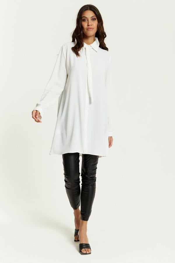 Hoxton Gal Oversized Tie Detailed Shirt Tunic with Long Sleeves in White