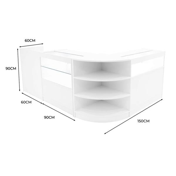 Curved white LED shop counter set featuring glass display shelves, sleek design, and modern dimensions of 150cm x 90cm x 60cm