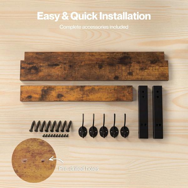 Levede Coat Rack Wall Mounted Wooden Hooks Hangers Storage Shelf 2 Pack Brown