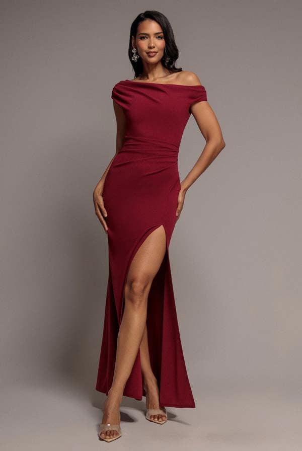 Asymmetric One Shoulder Front Split Scuba Crepe Maxi Dress - Burgundy DR5200