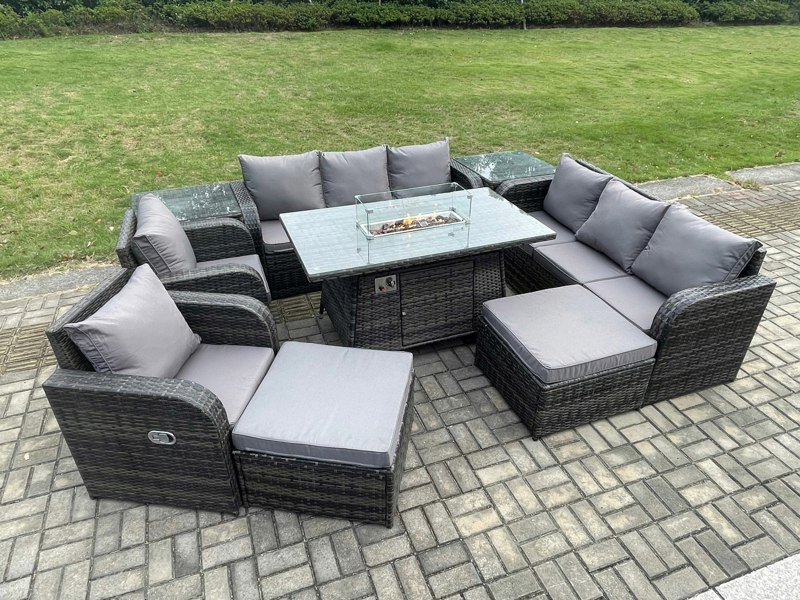 Fimous Rattan Outdoor Furniture Set with Gas Fire Pit Dining Table, 2 Reclining Chairs, 2 3-Seater Sofas, 2 Side Tables, 10 Seater - Dark Grey